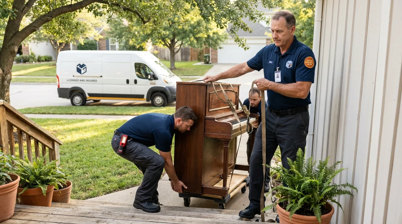 Licensed piano movers securing grand piano in Altamont, KS