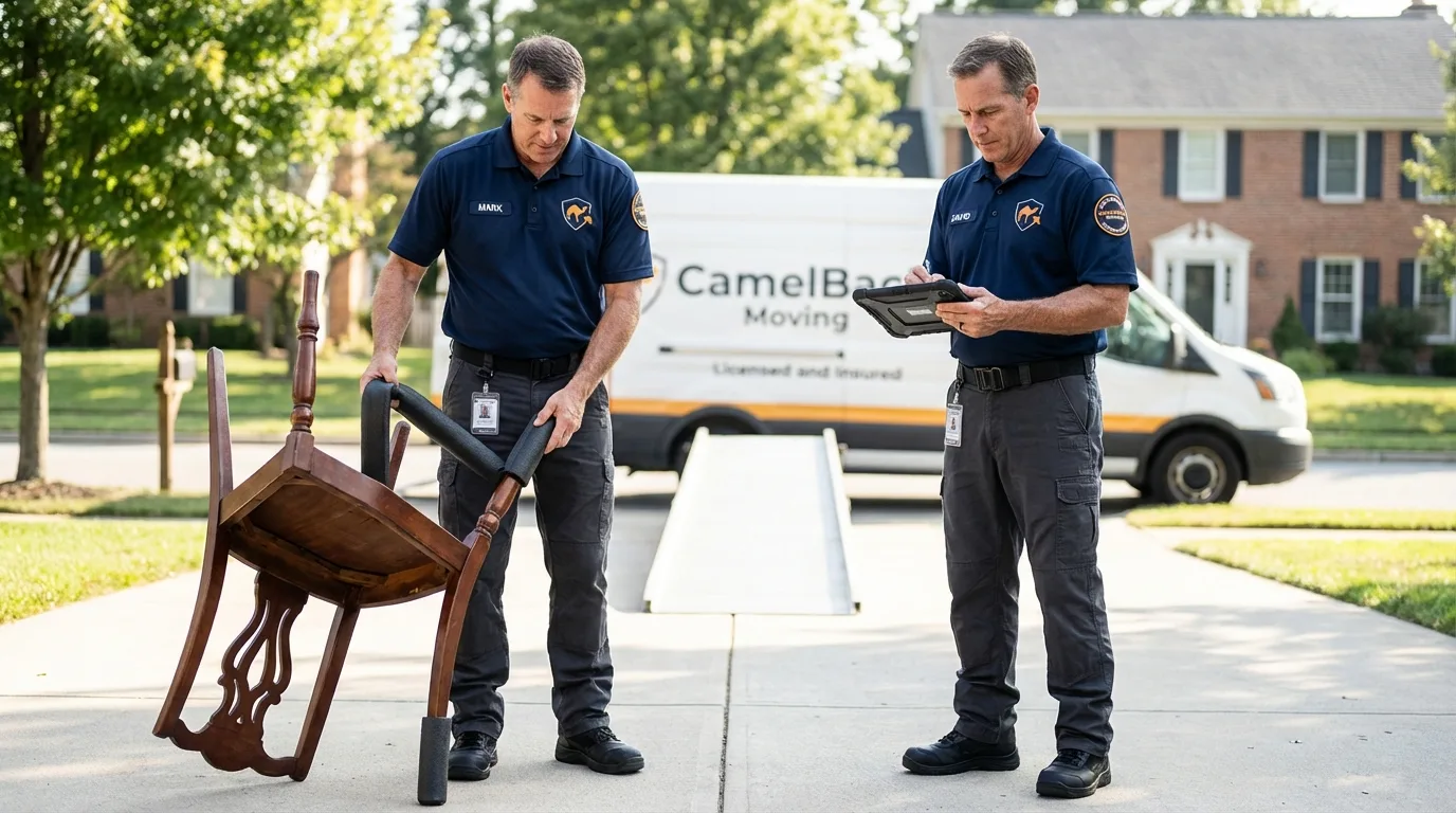 Movers inspecting furniture for damage prevention before loading in Altamont, KS